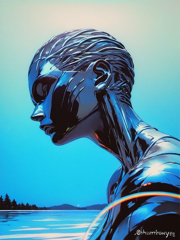 score_9, score_8_up, score_7_up, score_6_u, tree, lake, vegetation,
<lora:Chromecore_style:0.8>, Chromecore, dark and blue background, vibrant colors, colorful, metal skin, expressionless, chromecore, bright, dark vibes, dark fantasy, gradient,