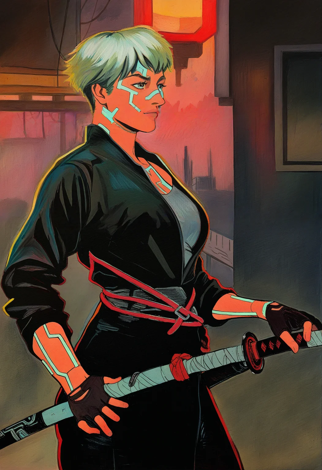 masterpiece, best quality, newest, absurdres, highres, 1girl, adventurer, cyberpunk, katana, cowboy-shot, neon, painting-\(medium\), traditional-media