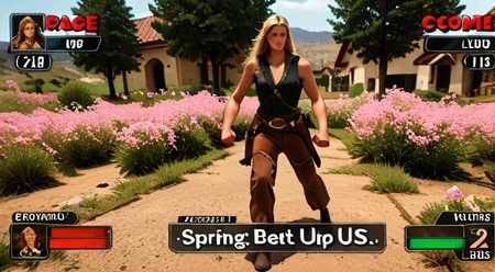 VG_SS, fake screenshot, english text,
(High Resolution), (More Details), (8K), (High Resolution)
Fake video game interface.
Scrolled beat'em up.
1 woman,
RDR2Sadie, blonde hair, long hair, brown eyes
full body, zoomed out,exactly facing right clenched fists, ready for fist-fight.
BREAK
and 3+ bandits, cowboy attire, facing left , ready for fist-fight.
backdrop is a small town in USA in 1899, spring, 6pm.