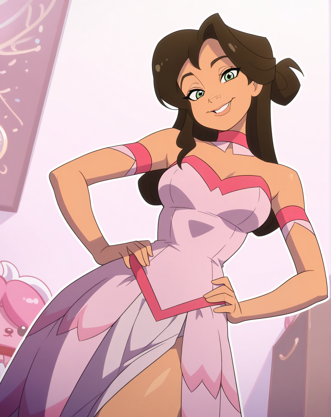 masterpiece, best quality, amazing quality, very aesthetic, absurdres, newest, solo,  AlbieZYN, 1girl, solo, tan skin, green eyes, brown hair, pink princess gown, collar, choker, pink flower, cowboy shot, looking at viewer, beautiful, ((beautiful face, beautiful eyes)), Breasts, Wide Hips, Thicks Thighs, Thicc Girl, standing,(smile, dutch angle, Hands on hips,naughty pose, looking at viewer, indoors, elegant room, solo, dynamic pose, full_body, head tilt,),((white background, White frame, white outline)),Lemon_Meringue