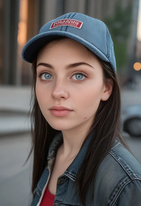 30yo woman posing for pic in front of tall building.
Blue eyes. small perfecteyes
Wearing ripped Denim jacket red trucker hat
no makeup. Clear skin. realistic skin style
Long dark black slick back hair. No makeup. Dusk, Street light. Looking at camera POV. Slight smile, tilting head.. Tilt head.
Medium Close Up shot. Bokeh. Bokeh light.