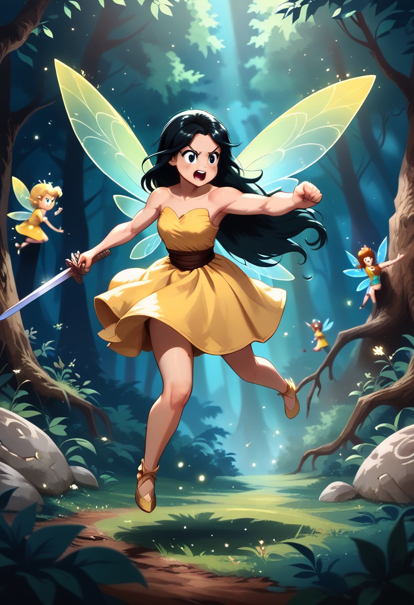 masterpiece, high quality, a girl fighting a giant rat in a magical forest, wooden sword and shield, dynamic action pose, cute, black long hair, yellow dress,Fairy Wings , j_huiben
