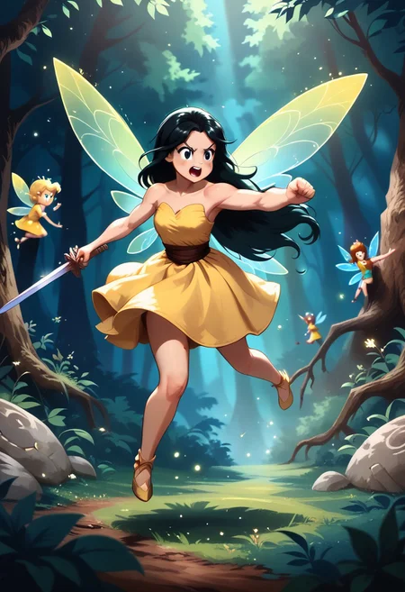 masterpiece, high quality, a girl fighting a giant rat in a magical forest, wooden sword and shield, dynamic action pose, cute, black long hair, yellow dress,Fairy Wings , j_huiben