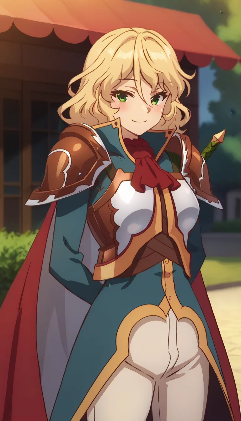 score_9,score_8_up,score_7_up,score_6_up BREAK official art,solo,outdoors,upper body,(portrait:1.5),looking at viewer,facing viewer,smile,blush,Blade,short hair,blonde hair,wavy hair,sidelocks,hair between eyes,bangs,green eyes,red cape,shoulder armor,pauldrons,blue coat,blue coattails,long sleeves,medium breasts,white pants,boots,red footwear,<lora:Blade(rh)-Pony:1.6>,