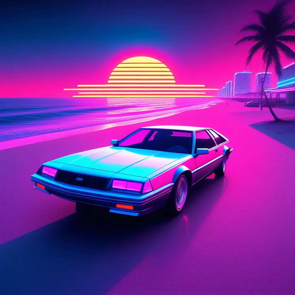 miami beach hologram, amazing image of the car at the beach, photorealistic, neon style, asphalt, reflective ocean, gradient colored sky, synthwave sun, geometric palm trees, depth of field ,vibrant, high-definition, high-octane, inspired by 1980s miami vice theme