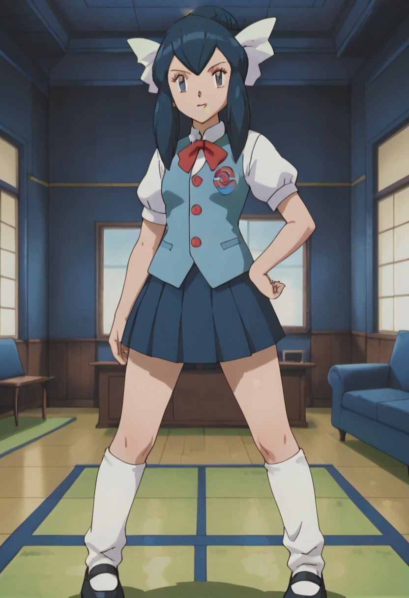 pkmnlizahoenn, 1girl, blue hair, hair bun, single hair bun, long hair, sidelocks, blue eyes, eyelashes, white hair ribbon
white shirt,  puffy short sleeves, red bowtie, blue vest, buttons, blue skirt, pleated skirt, miniskirt, loose socks, white socks, black footwear, mary janes
Standing, looking at viewer, indoors, pillars, living room, couch, windows, detailed background, solo, face focus