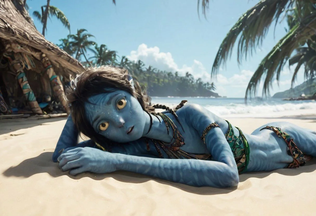 Kiri ((laying on her (side)), on beach sand, (hand under head), [[[[closeup]]]], suntanning, along, big eyes wide open, (looking at viewer), seaside, tribal huts and trees and (sea with ((high surf))) on background, wide heavy necklace with big pieces, symmetrical eyes, symmetrical pupils, SK_CINEMATIC