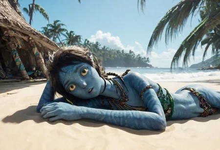 Kiri ((laying on her (side)), on beach sand, (hand under head), [[[[closeup]]]], suntanning, along, big eyes wide open, (looking at viewer), seaside, tribal huts and trees and (sea with ((high surf))) on background, wide heavy necklace with big pieces, symmetrical eyes, symmetrical pupils, SK_CINEMATIC