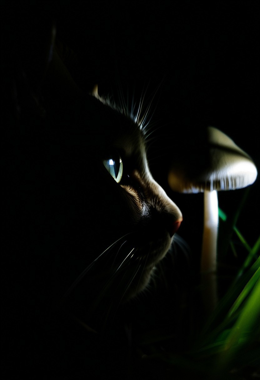 dark-grasshrooms, side profile of cat head, mushrooms, dark, backlit, low key, sidelight