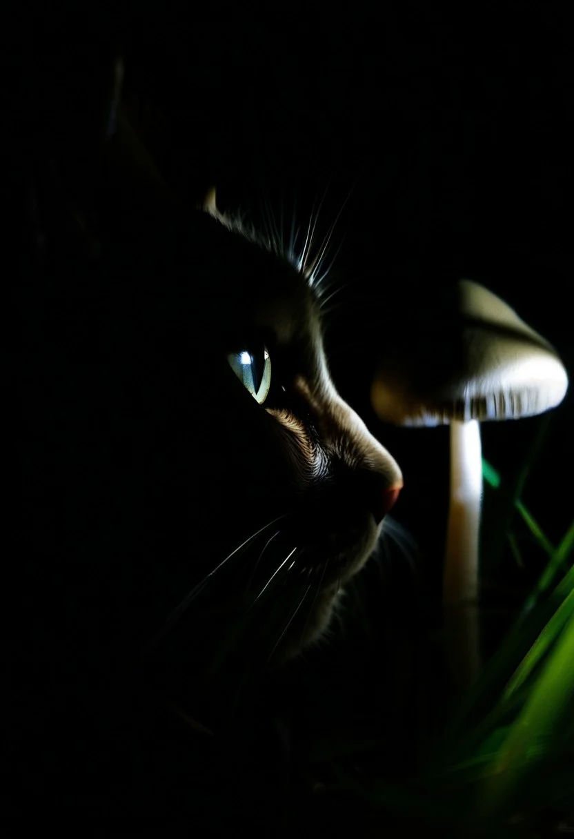 dark-grasshrooms, side profile of cat head, mushrooms, dark, backlit, low key, sidelight