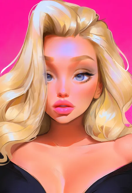 Portrait of a stunning superficial woman, sexy, voluptuous, looking at the viewer, 18yo, large lips, blond hair, she love pink, bimbo, Samdoesarts Style <lora:SamdoesartsV1:1>