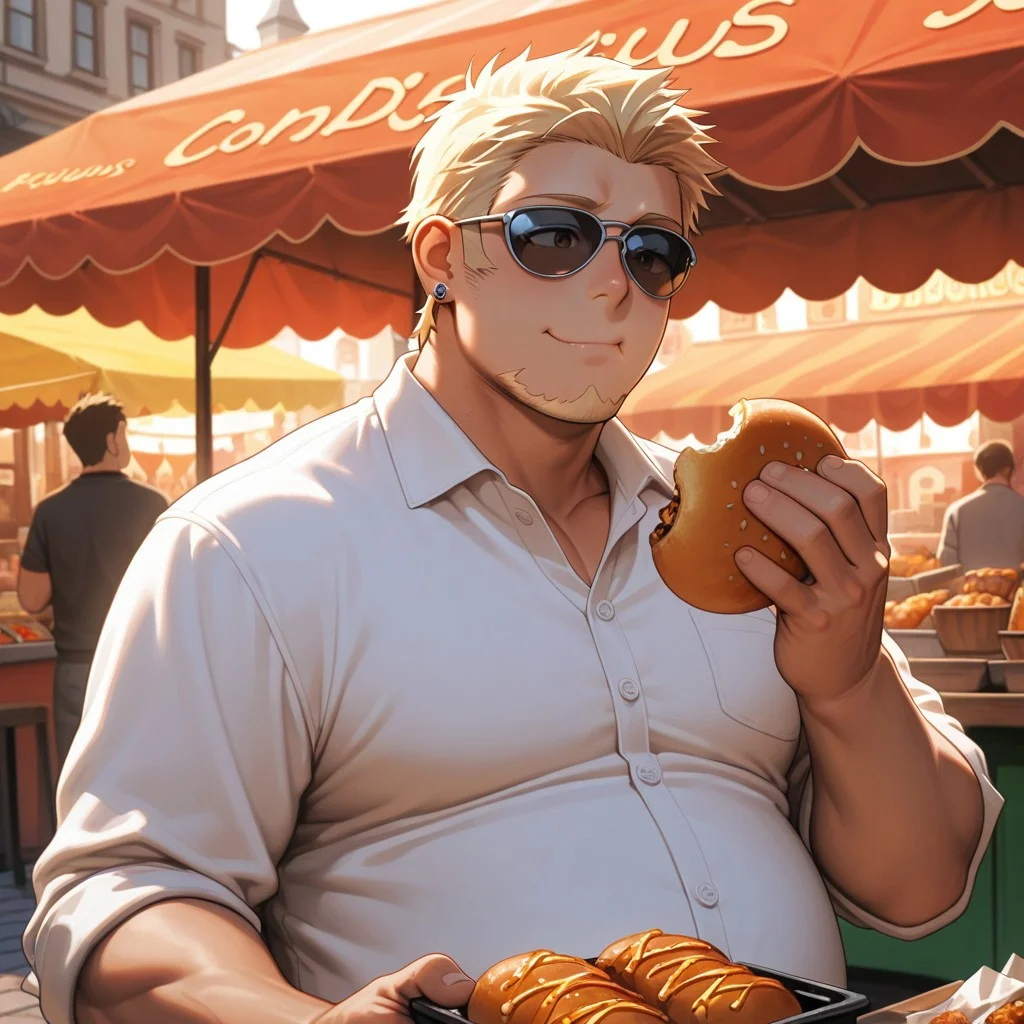 masterpiece, best quality, amazing quality, absurdres, newest, detailed background, definition so sharp, Ultra-HD, 8K cinematic, very awa, impressionate, amazing quality, highres,
solo, male focus, manly,
1boy, short hair, goatee, chubby, rikio_blonde, rikio_brown eyes, rikiokamamoto, sunglasses \(pushed up\), earrings, sideburns, casual outfit, food stall, street market, daytime, warm lighting, delicious, contented, cheerful, foodie, holding food, happy expression, eating,