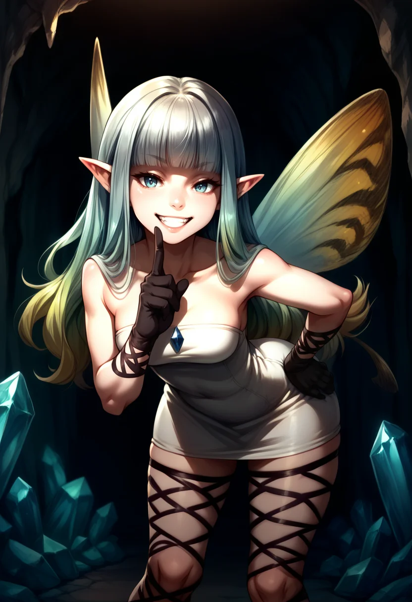 score_9, score_8_up, score_7_up, score_6_up, detailed, 1girl, grin, smug, index finger raised, hand on hip, leaning forward, BREAK <lora:AiryBD-pdxl:1> airyBD, long hair, blunt bangs, gradient hair, pointy ears, white dress, short dress, strapless, fairy wings, black gloves, fishnet gloves, fishnet thighhighs, indoors, crystal, cave