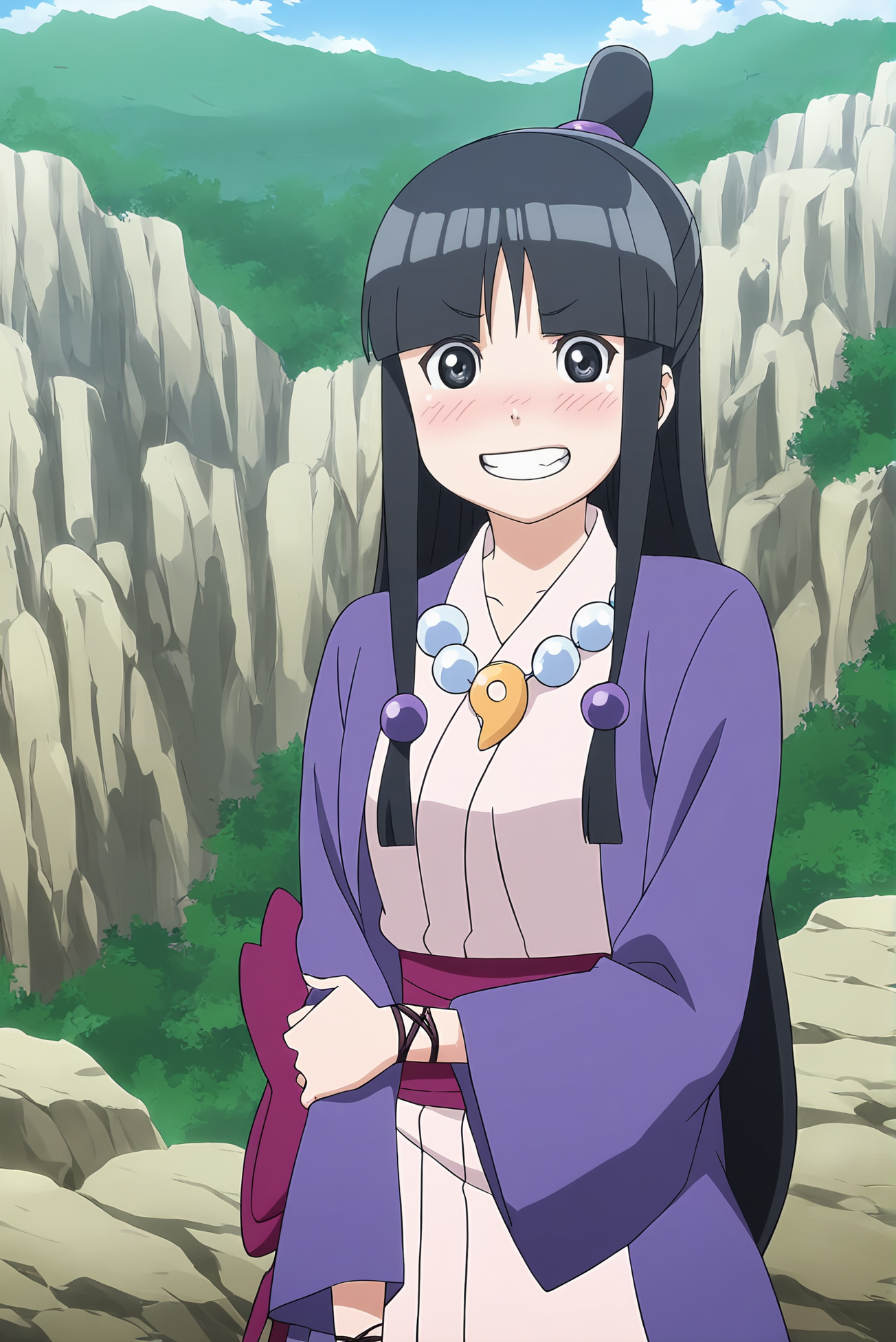 anime screencap,anime coloring,detailed face,masterpiece,best quality,very aesthetic,absurdres,amazing quality,ultra detailed,highres,amazing quality,scenery,beautiful detailed hair,beautiful detailed eyes,official anime artwork,<lora:Maya Fey-IL V1:1>,Maya Fey,1girl,solo,black hair,long hair,half updo,hair ornament,blunt bangs,black eyes,looking at viewer,grin,sidelocks,>_<,clenched teeth,
