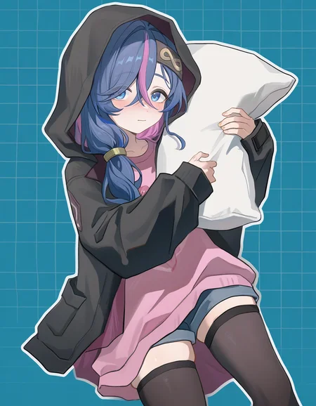 mimulishizi,grid background,simple bcakground,outline,casual,contemporary,denim,alternate costume,hoodie,pink t-shirt,looking at viewer,legwear,holding pillow,blush,
<lora:xingyi_noob:0.7>,xingyi,1girl,solo,blue hair,blue eyes,multicolored hair,streaked hair,bangs,purple hair,pink hair,
masterpiece,best quality,very aesthetic,absurdres,