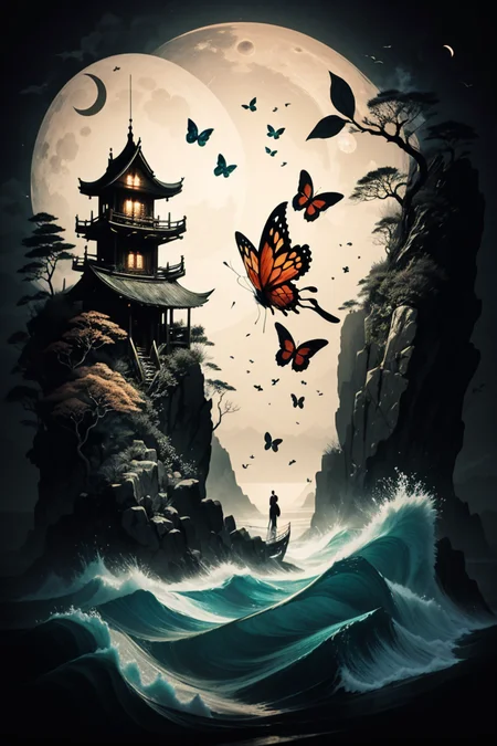 <lora:Calligraphy-ink-style-darquelilly-v1:1> calligraphyinkstyle, fairies swirling around, butterflies, volumetric lighting, night time, sea of lowers, moonlight black background
