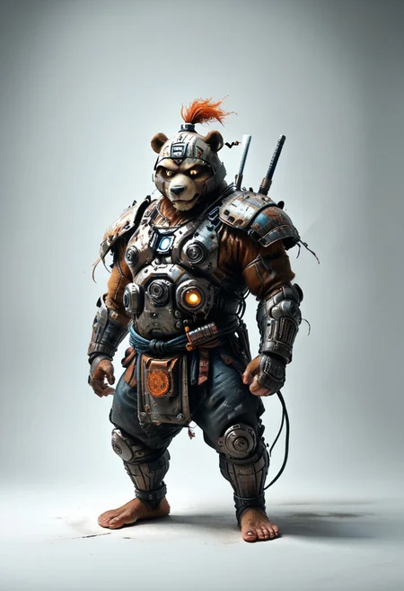 masterpiece, best quality, newest,
eyecatching composition, dynamic pose, dynamic angles, detailed background of bamboo forest, Asian conical hat
A Shadow faster than the light
Like cosmic fire his presence is
Shining in the night
Born from high technology
Too fast for human eyes to see
A soldier made of cyber steel
Create to kill the enemy
By neutreon power he is ready to strike
Can you feel the fire
See the anger in his burning eyes
He's the Super Sonic Samurai
By jetpack power he's ready to fly
He's the Super Sonic Samurai
Laser Katana high up to the sky
For the Super! Sonic Samurai!
barefoot plantigrade furry male, panda bear, chubby