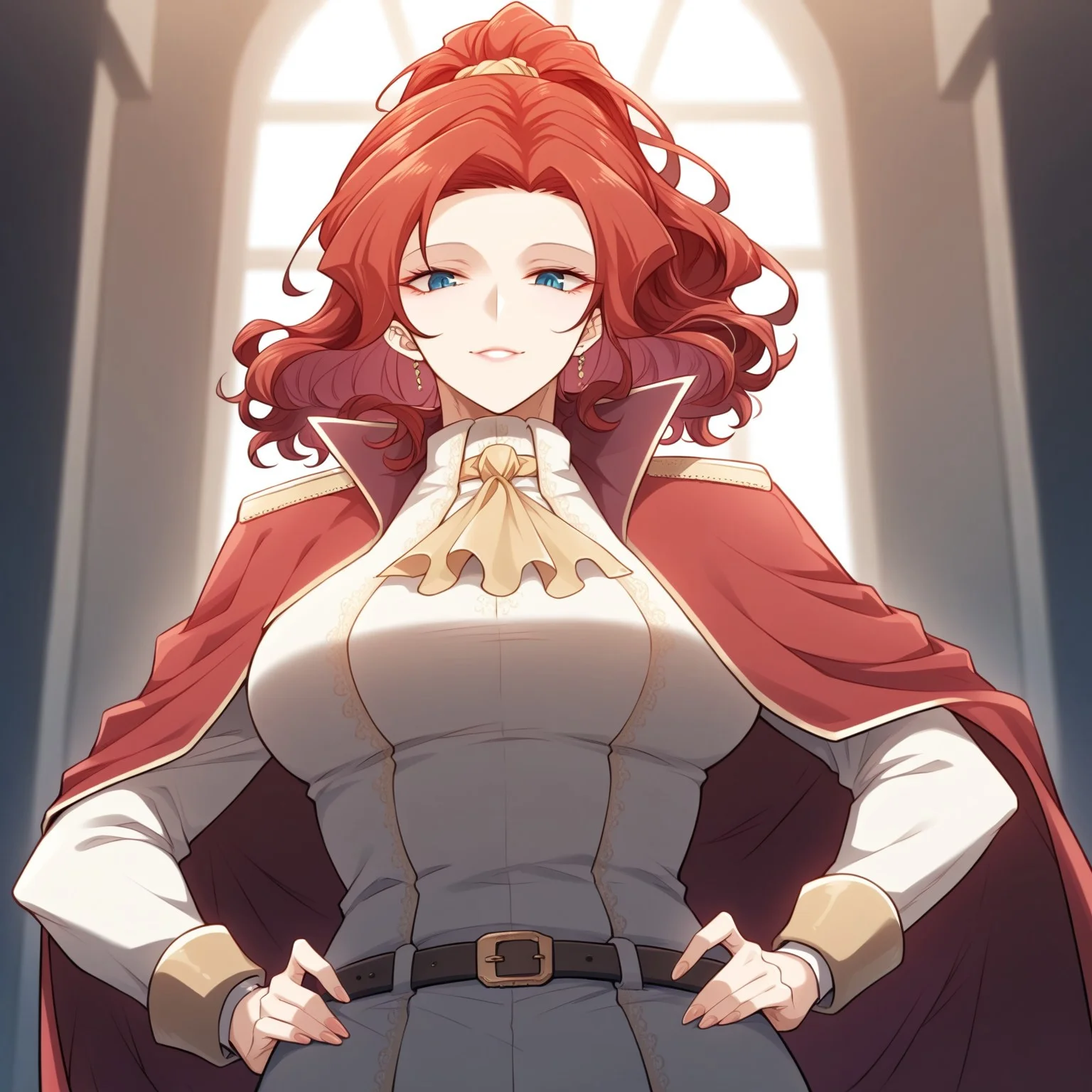 score_9, score_8_up, score_7_up, 1girl, mature female, alicia, red hair, blue eyes, standing, hands on hips, looking at viewer, bottom up view, against diving, female focus, in front of a throne, palace, volumetric lighting, uniform, hands on waists, bewitching smile, Expressiveh, mature female, alicia, red hair, blue eyes,, white shirt, yellow ascot, red cape, epaulettes, pants, belt, AliciaTermina, blue eyes, red hair, medium hair, wavy hair, Queen uniform, ponytail, working uniform