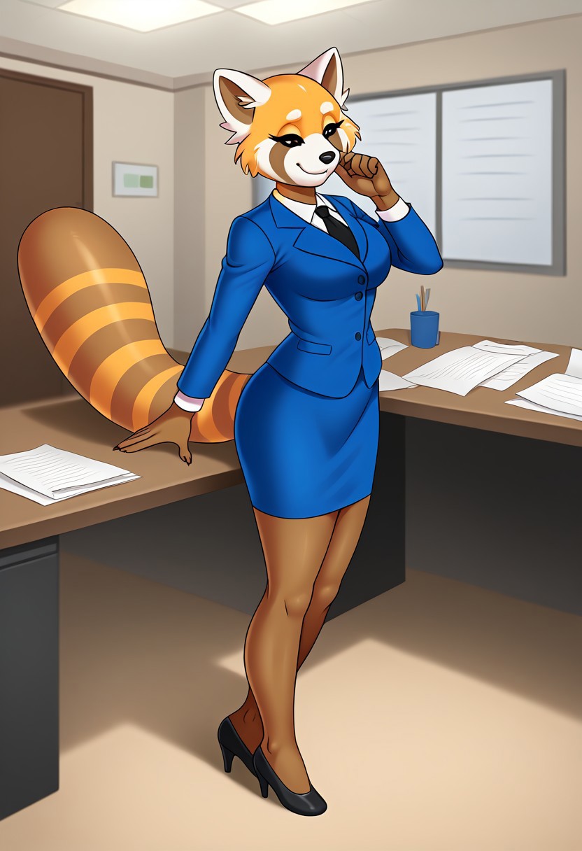 (detailed texture, digital artwork, improved quality, soft shading, cartoon, cinematic:1.2), ((office, desk, papers)), (((solo, full body))), ((textured fur, anthro red panda, female, Retsuko_(Aggretsuko):1.1)), ((snout, ears, tail, claws, black eyes, eyelashes)), ((blue office suit:1.2)), (((smile, half-closed eyes, posing)),