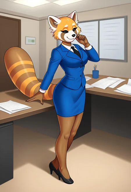 (detailed texture, digital artwork, improved quality, soft shading, cartoon, cinematic:1.2), ((office, desk, papers)), (((solo, full body))), ((textured fur, anthro red panda, female, Retsuko_(Aggretsuko):1.1)), ((snout, ears, tail, claws, black eyes, eyelashes)), ((blue office suit:1.2)), (((smile, half-closed eyes, posing)),