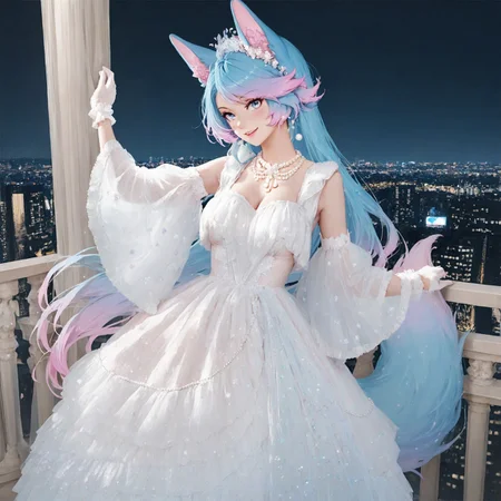 masterpiece, best quality, good quality, very aesthetic, absurdres, detailed eyes,
BREAK
1girl, silvervale, fox ears, tail, gradient hair, multicolored hair, blue hair, pink hair, blue eyes, medium breasts,
BREAK
Seductive Smile,
BREAK
hzjl, white dress,jewelry,wedding dress,necklace,detached sleeves,earrings,pearl necklace,hair ornament,wide sleeves,wrist cuffs,long sleeves,white gloves
BREAK
balcony overlooking the city, modern city, city view, night,