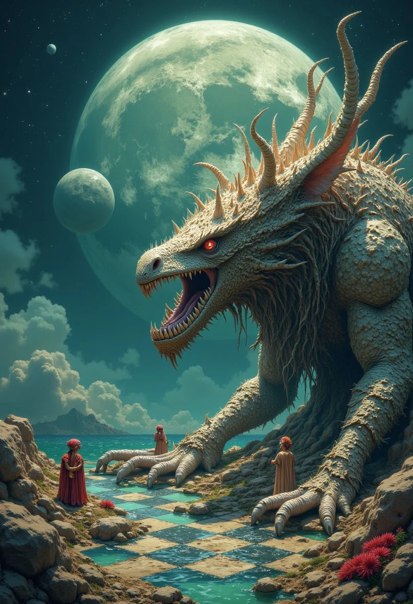 Chessboard, different creatures and weird animals mimic chess Figures, intricate Detail, chessboard ist floating in sea, two moons in Sky visible