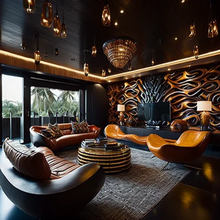 <lyco:African_style_interior_design_Sa_May:1.0> Mancave, Afrofuturist architectural theme, obsidian floors, complementary and tertiary colors, rich, warm furniture, African wall photography, natural fibers, woods, leathers, spacious, open, luxurious, tactile, extremely expensive, 16k, photographic, award-winning, Architectural Digest