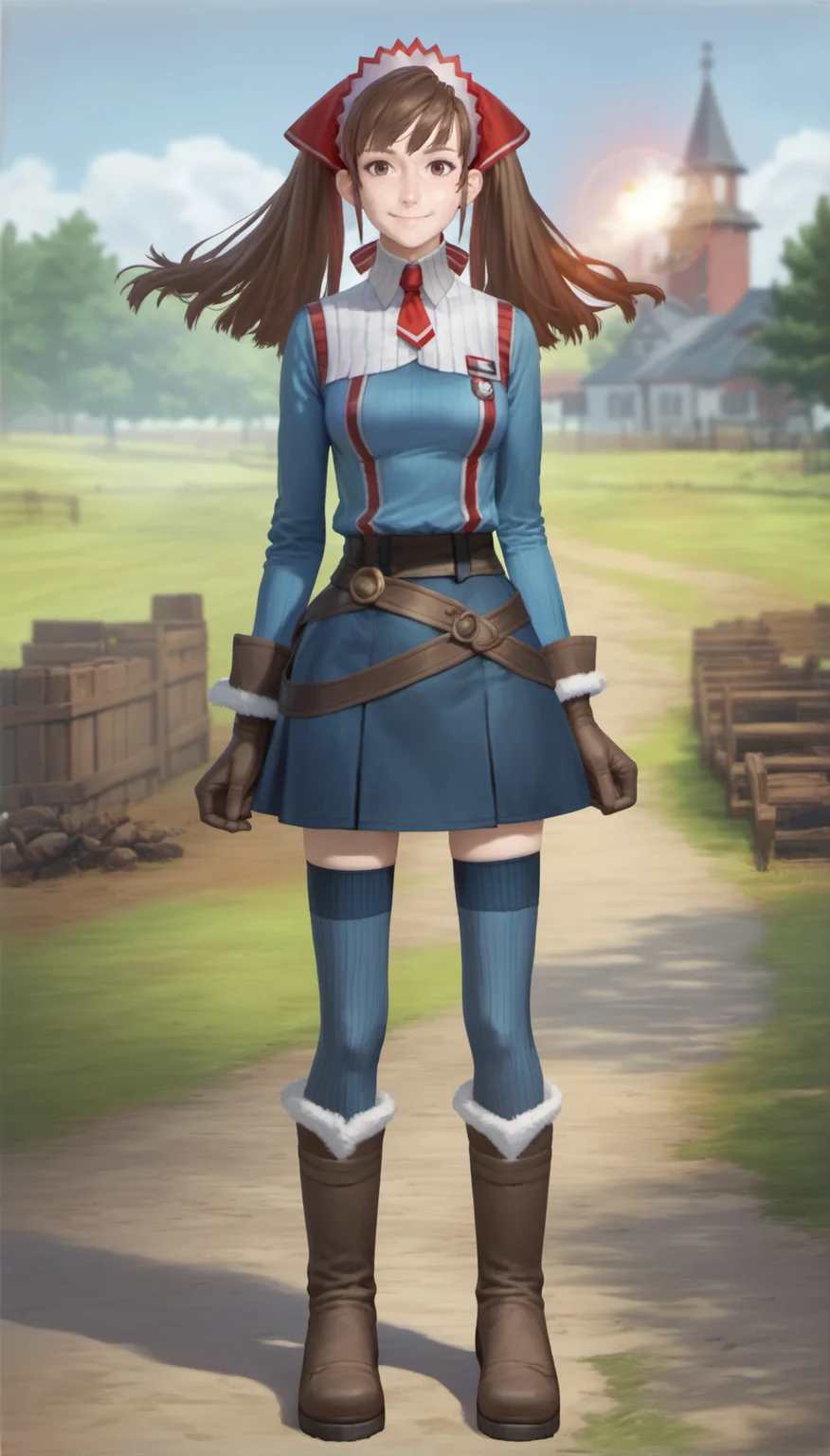 score_9,score_8_up,score_7_up,
<lora:aliciamelchiott:0.9>,
aliciamelchiot,
awakened valkyria,
realistic,
1girl,solo,
brown hair,twintails,
brown eyes,looking at viewer,smile,
headdress,military uniform,white collar,red necktie,brown gloves with fur trim,brown belt,dark blue skirt,dark blue thighhighs,knee boots with fur trim,
full body,
blurry background,bloom,lights particle,outdoors,countryside,vignetting,particle effects,lens flare,