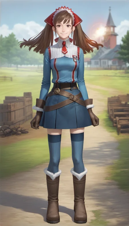 score_9,score_8_up,score_7_up,
<lora:aliciamelchiott:0.9>,
aliciamelchiot,
awakened valkyria,
realistic,
1girl,solo,
brown hair,twintails,
brown eyes,looking at viewer,smile,
headdress,military uniform,white collar,red necktie,brown gloves with fur trim,brown belt,dark blue skirt,dark blue thighhighs,knee boots with fur trim,
full body,
blurry background,bloom,lights particle,outdoors,countryside,vignetting,particle effects,lens flare,