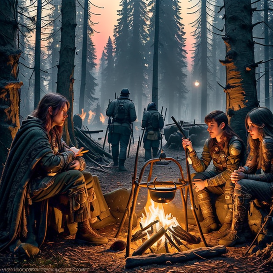RAW photo, (masterpiece:1.3), subsurface scattering, heavy shadow, (high quality:1.4), (intricate, high detail:1.2), professional photography, HDR, High Dynamic Range, realistic, ultra realistic, photorealistic, high resolution, film photography, ambient lighting, atmospheric effects, <lora:detail_slider_v4:2>, OverallDetail,  <lora:Campsite:1>, and, around, campfire, fire, front, moon, people, the, with, women, woods, epiCPhoto