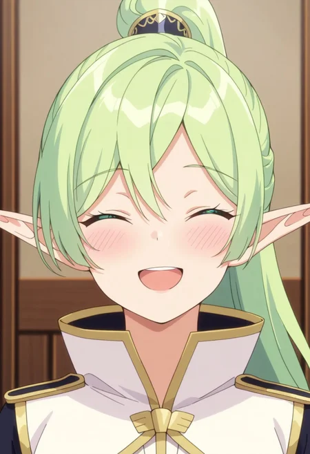 masterpiece,best quality,amazing quality,tifana von ribelt, long hair, green hair, pointy ears, elf, ponytail, green eyes, 1girl, closed eyes, solo, blush, smile, open mouth,  :d, high collar, facing viewer, hair between eyes