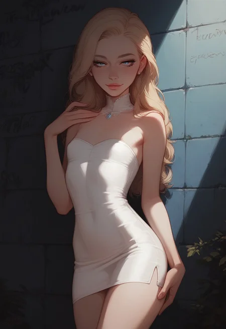score_9,score_8_up,score_8,score_9,(((pastel colors, high contrast,expressiveh,solo focus, )))((blue eyes,blonde hair,naughty face, straight hair, pale skin,white dress,short dress, tight dress,strapless dress, thighs)) (1girl, small chest, petite, detailed eyes,standing, side view, looking at viewer)alley. graffiti, night, night sky