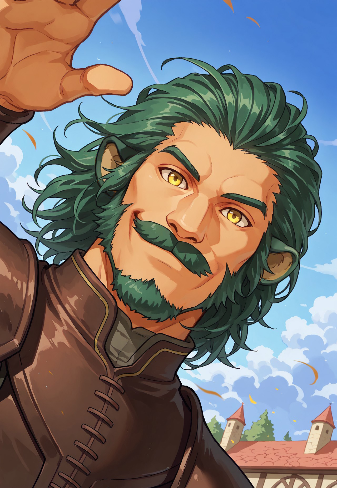Giffca, 1boy, lion ears, medium hair, yellow eyes, green hair, facial hair, mustache, medieval town, blue sky,  clouds, portrait, looking at viewer, smile, armor, bracers, dynamic pose, dutch angle, happy, portrait, front view, gust of wind, dutch angle,