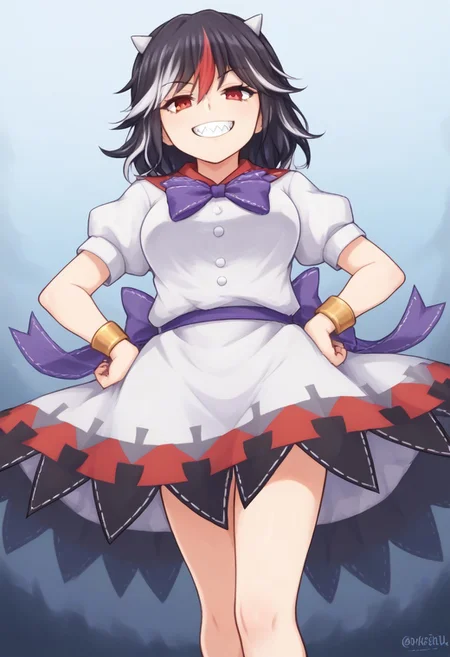 score_9, score_7_up, source_anime, source_cartoon, perfect face, EyesHD, 145, BREAK, (illustration), intricately detailed illustration, Exquisite color design, (best quality, ultra detailed), smooth skin, high details, (1girls), mature female, beauty, thick thighs, big breasts,  kijin_seija, short hair, multicolored hair, (black hair), streaked hair, red hair, white hair, hair flaps, hair between eyes, red eyes, horns, small horns, grey horns, cone horns, white horns, white collared shirt, white buttons, sailor collar, bracelet, purple bowtie, puffy short sleeves, white dress, white skirt, layered skirt, underskirt, purple belt, purple bow, arrow print, arrow \(symbol\), facing viewer, narrowed eyes, looking at viewer, grin, sharp teeth, front view, low angle, day, hands on hips,