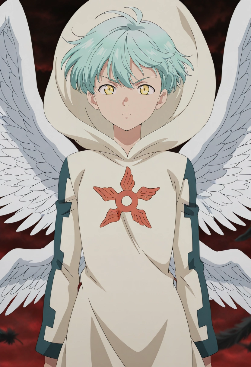 masterpiece, best quality, intricate details, anime screencap, , official style, looking at viewer, 1boy, solo, male focus, <lora:sariel_nnt_ilxl:0.96>, sariel_nnt, aqua hair, yellow eyes, short hair, angel wings, feathered wings, hood, ,