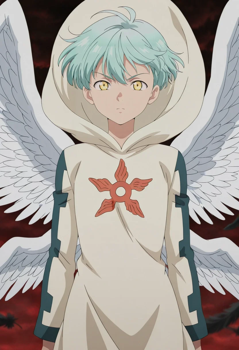 masterpiece, best quality, intricate details, anime screencap, , official style, looking at viewer, 1boy, solo, male focus, <lora:sariel_nnt_ilxl:0.96>, sariel_nnt, aqua hair, yellow eyes, short hair, angel wings, feathered wings, hood, ,