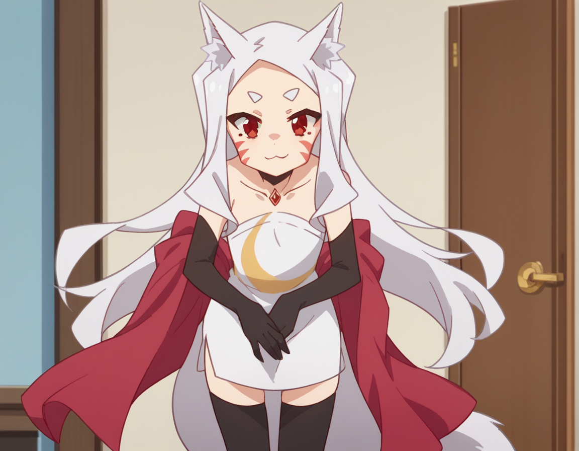 score_9, score_8_up, score_7_up, source_anime,
kitsuneshiro, <lora:kitsune-shiro-s1-ponyxl-lora-nochekaiser:1>,
shiro, long hair, red eyes, animal ears, tail, animal ear fluff, fox ears, fox tail, facial mark, thick eyebrows, fox girl,
thighhighs, gloves, dress, bare shoulders, jewelry, collarbone, black gloves, elbow gloves, black thighhighs, white dress, strapless, strapless dress, shawl,
indoors, bent over, smile,
cowboy shot, looking at viewer, solo,
