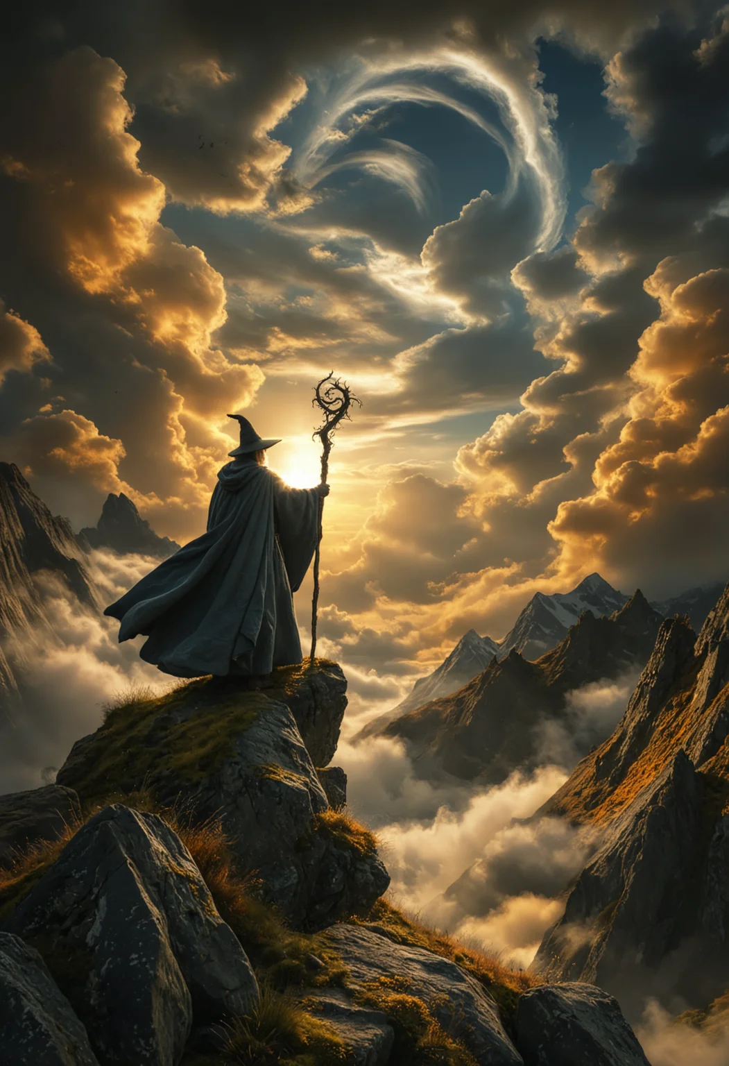 A wise wizard in a billowing slate-grey cloak and pointed hat, stands atop a jagged moss-covered rock precipice, a twisted gnarled staff in hand, with his back to the viewer, gazing into a luminous cloud-filled sky in warm hues of gold amber and soft blue, surrounded by the dark brooding silhouettes of craggy peaks, sense of serene yet powerful solitude, <lora:MJ52:0.3>, <lora:CinematicStyle_v1:0.5>, <lora:add-detail-xl:1>, <lora:volumetric lighting:0.5>