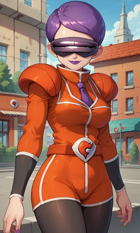score_9, score_8_up, score_7_up, score_6_up, source_anime, pkmncelosia, 1girl, solo, purple hair, very short hair, purple lips, head-mounted display, orange suit, long sleeves, orange taut shorts, shoulder pads, purple necktie, belt, (team flare:1.3), bracers, pantyhose, pantyhose under shorts, outdoors, city, paris, standing, looking at viewer, cowboy shot, smile, closed mouth, large breasts