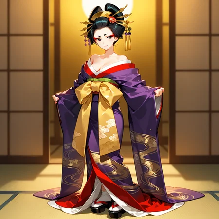 <lora:tamadayu-IL_v1:0.4>tamadayu-, nihongami, oiran, hair up hairstyle, BREAK
datehyogo, takashimada, BREAK
hair ornament, hair stick, kanzashi,  BREAK
topknot, BREAK
1girl, solo, black eyes, black hair, cleavage, looking at viewer, BREAK
japanese clothes, kimono, wahuku, black purple sleeves, long sleeves, gold line, BREAK
long skirt, gold line, BREAK
medium breasts, BREAK
geta,
standing,
master piece, beatuiful face, best quality,