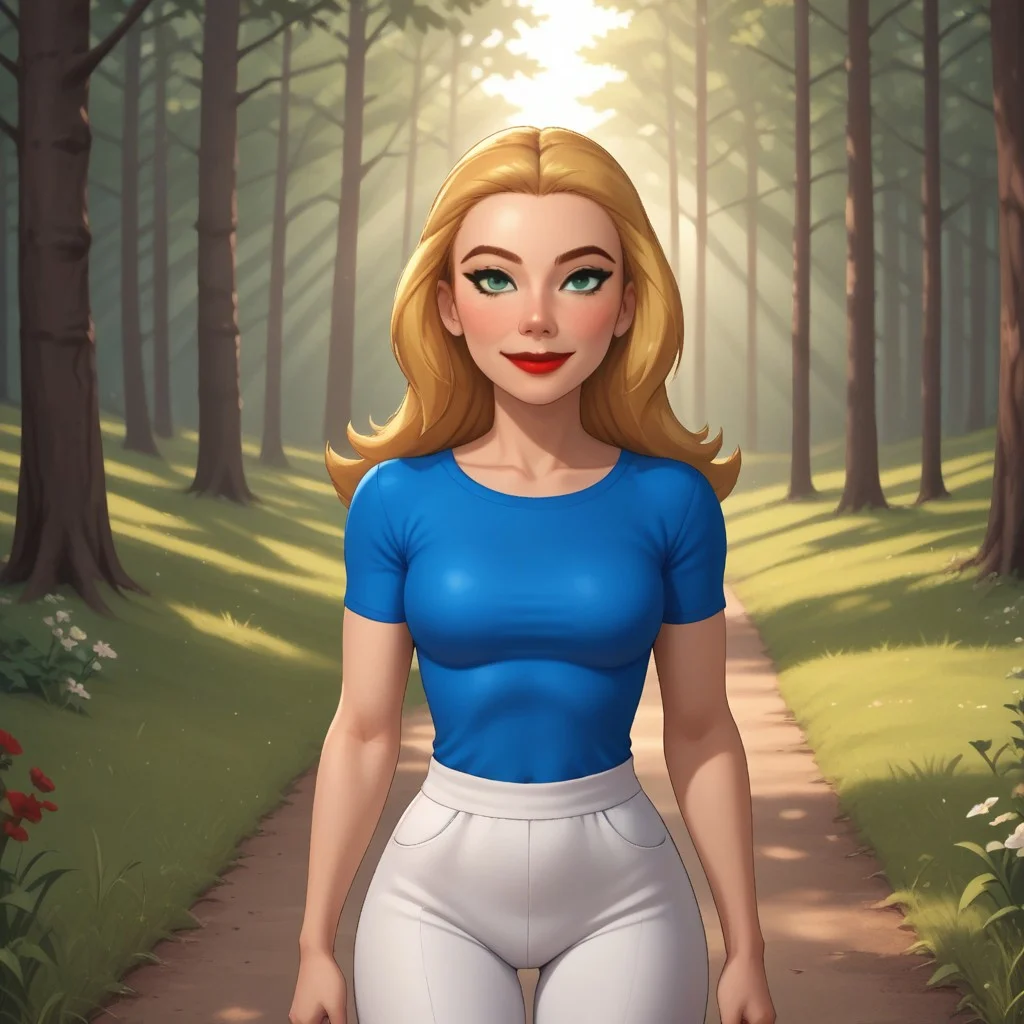 score_9, score_8, BREAK, solo, mii, wii, wii sports, 1girl, female mii, cute, attractive, blonde hair, auburn eyebrows, makeup, blush, blue eyeshadow, red lips, lipstick, dark blue clothing, white pants, shoes, breasts, nintendo mii, modern_mii, classic_mii, Bella_(OC_Mii), green eyes, sexy pose, smile, outdoors, sunlight, shadows, evening lighting, natural lighting, forest, trees, grass, orange sky, sunset, full body