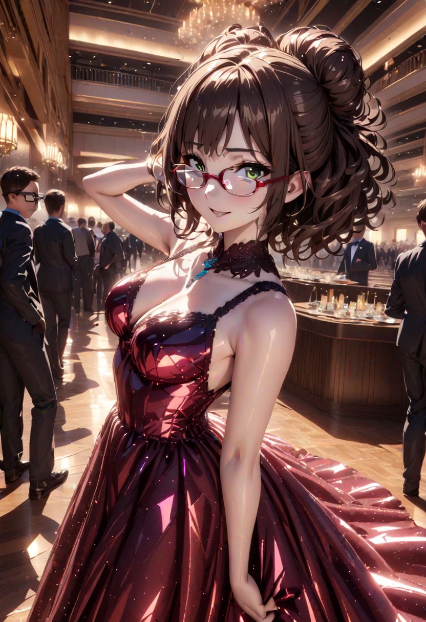 masterpiece, best quality, Ray tracing, hdr, volumetric lighting, highres, detailed background, people in background, evening, 1girl, solo, scenery, indoors, modern ballroom, pixiv, (very dark brown messy hair:1.4), green eyes, messy hair, hair bun, hair bangs, (glasses:1.6), zettai ryouiki, medium breasts, ruby red crystalline dress, dancing, naughty face