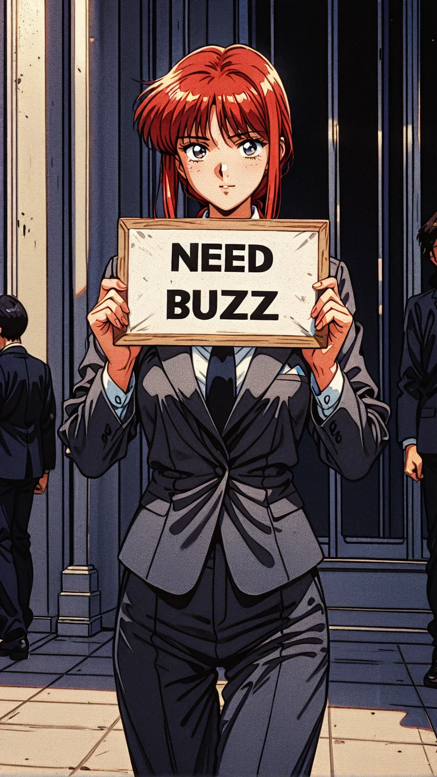 Makima in a suit, (holding a sign that says "Need BUZZ":1.5) , retro, retro_artstyle <lora:retro_scifi_artstyle:1>