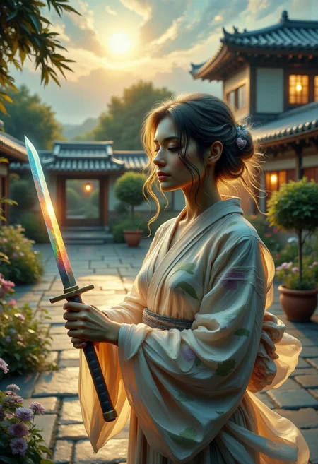 a tranquil garden courtyard at dawn, bathed in the ethereal glow of a harvest moon hanging low in the eastern sky. Shadows lengthen dramatically, giving the illusion of a greater distance than actually present. Silence reigns supreme, broken only occasionally by the melodic chirping of nocturnal birdsong.
Within this stillness, a lone figure materializes, drifting ghostlike through the mist-kissed air. Dressed in a flowing white kimono patterned with iridescent floral motifs that shift subtly in the lunar light, she appears to embody the very essence of purity and grace.
In her hands, gripped with the reverence due to a sacred artifact, is a wakizashi - a traditional Japanese short sword. Unlike conventional examples however, this blade emits a soft, multicolored luminescence, as if imbued with the very stuff of dreams and legends.
Long raven locks cascade freely down her back, framing a face of exquisite delicacy. Eyes closed, she seems to draw strength and serenity from the weapon she bears, channeling its power through her own innate spiritual fortitude. Even in repose, there is an aura of quiet menace radiating from her form, hinting at the formidable capabilities lying dormant within.
concept-art, fantasy, beautiful, painterly, detailed, textural, artistic,
beautiful, painterly, detailed, textural, artistic, aesthetic, intricate details, highly detailed, vivid, vibrant, volumetric lighting,
aidmaMJ6.1, mad-olpntng