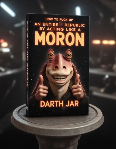 The book cover is designed as Darth_Jar smiling at the center while giving a thumbs up. At the top is the text ("How to fuck up an entire republic by acting like a moron") written in bold, futuristic letters. It is signed at the bottom by "Darth Sand". The book is brand new and has a futuristic sci-fi design. The book is on top of a sci-fi plastic pedestal from Star Wars. The background is the inside of a Star Destroyer spaceship from Star Wars.  aidmaTextImprover,  <lora:Darth_Jar_Flux:1>,  <lora:aidmaMJ6.1-FLUX-V0.2:0.5>, <lora:TextimproverV0.4:0.75>