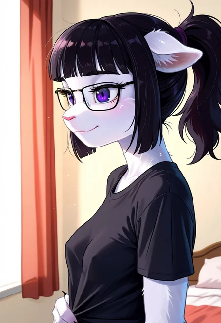 masterpiece, best quality, very aesthetic, absurdres,
bedroom, upper body,
t-shirt, getting undressed, petite breasts, cute,
happy, long eyelashes,
<lora:Tala_v01_NAIXL:1>
T4l4,1girl,solo,furry,furry female,black hair,animal ears,ponytail,blunt bangs,purple eyes,glasses,snout,animal nose,body fur,white fur, side view,