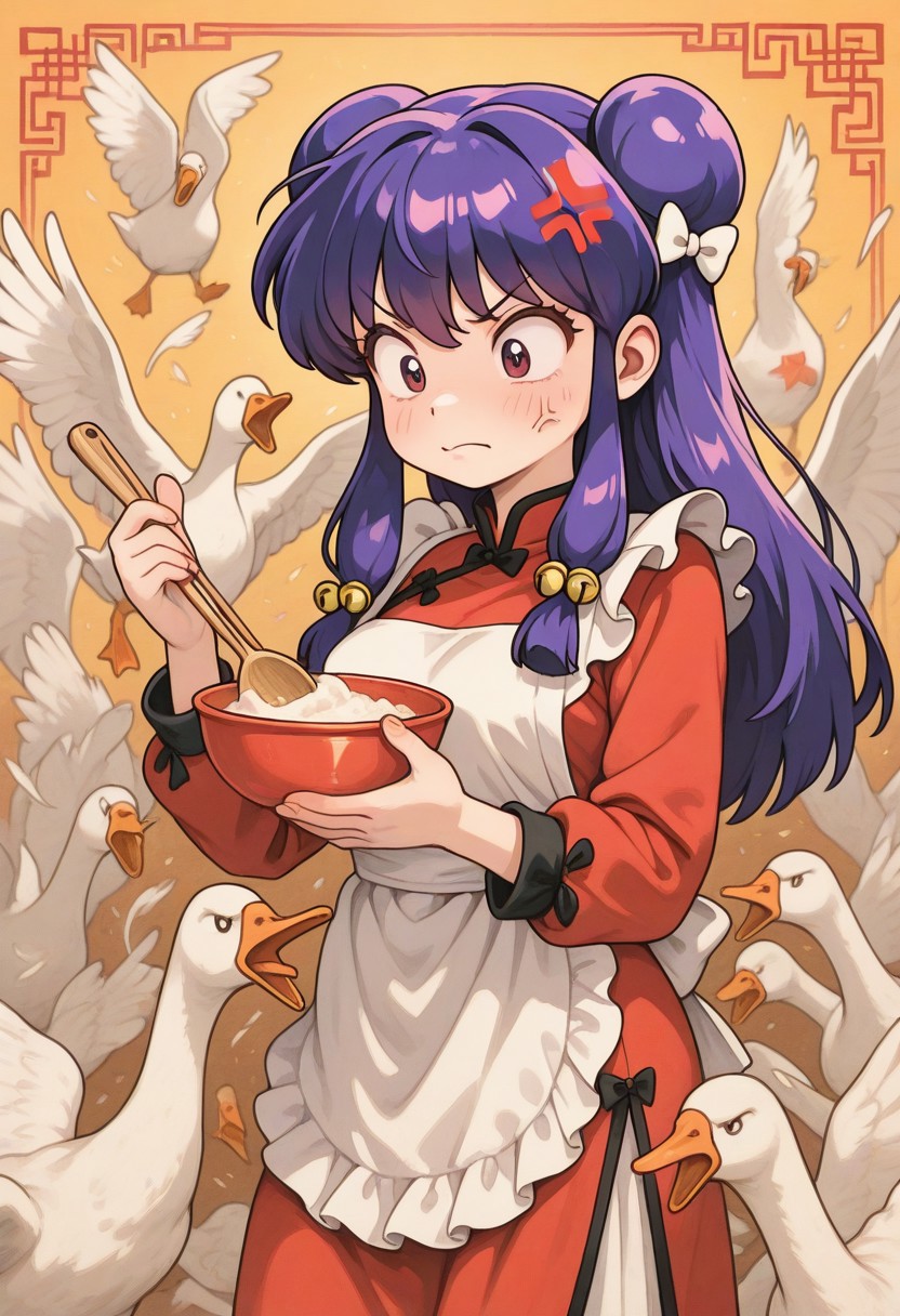 masterpiece,best quality,amazing quality,
(opossumachine:0.7),(toraishi666:0.5),colorfull,Vivid color, 
1girl,solo,shampoo_(ranma_1/2) ,
apron,
bell,
bow,
chinese clothes,
double bun,
dress,
hair bell,
hair bow,
hair ornament,
holding bowl,
long hair,
maid apron,
purple hair,
red dress,
sidelocks,
star (symbol),
white apron,
white bow,
anger vein,
goose ambush, 6+ geese,
