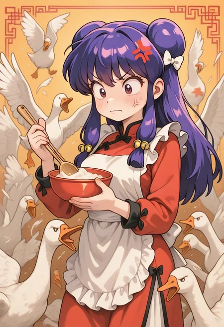 masterpiece,best quality,amazing quality,
(opossumachine:0.7),(toraishi666:0.5),colorfull,Vivid color,
1girl,solo,shampoo_(ranma_1/2) ,
apron,
bell,
bow,
chinese clothes,
double bun,
dress,
hair bell,
hair bow,
hair ornament,
holding bowl,
long hair,
maid apron,
purple hair,
red dress,
sidelocks,
star (symbol),
white apron,
white bow,
anger vein,
goose ambush, 6+ geese,