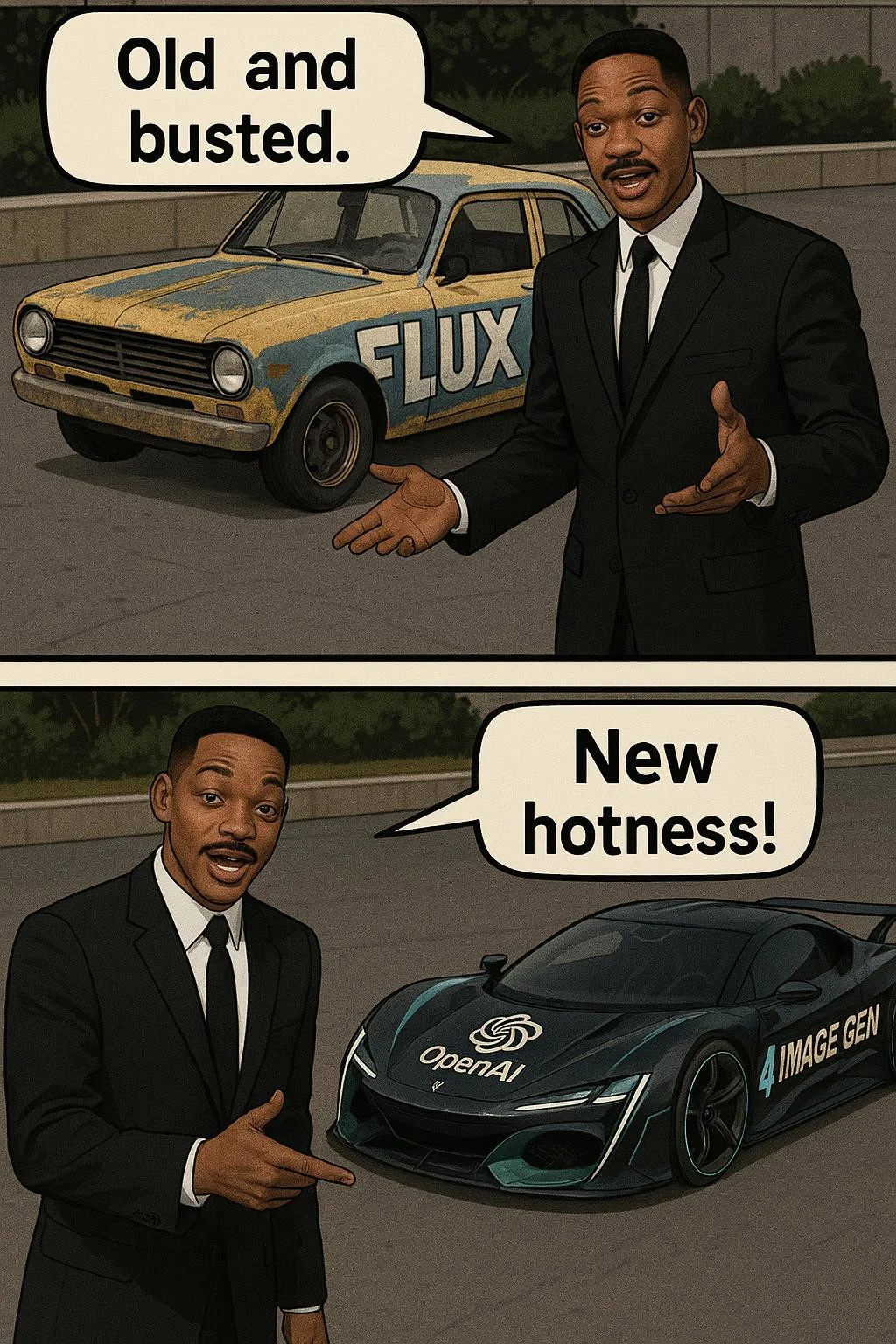 create a two panel comic strip, based on the "Men In Black" movie. the first panel shows Agent J pointing to an old car, the old car has a custom paint job like a race car, with the word "FLUX" painted on the side in large letters , and Agent J is saying "Old and busted." The second panel shows Agent J pointing to a futuristic car, the futuristic car also has a custom paint job like a race car, with the words "4o Image Gen 1" painted on the side in large letters and the OpenAI logo on the hood, and Agent J is saying "New hotness!"