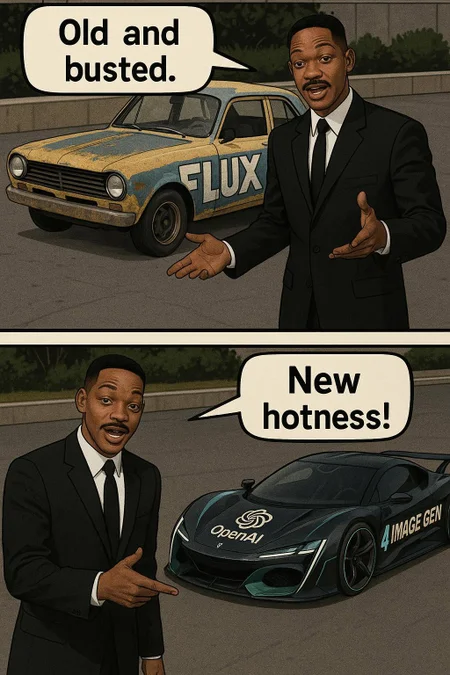 create a two panel comic strip, based on the "Men In Black" movie. the first panel shows Agent J pointing to an old car, the old car has a custom paint job like a race car, with the word "FLUX" painted on the side in large letters , and Agent J is saying "Old and busted." The second panel shows Agent J pointing to a futuristic car, the futuristic car also has a custom paint job like a race car, with the words "4o Image Gen 1" painted on the side in large letters and the OpenAI logo on the hood, and Agent J is saying "New hotness!" 